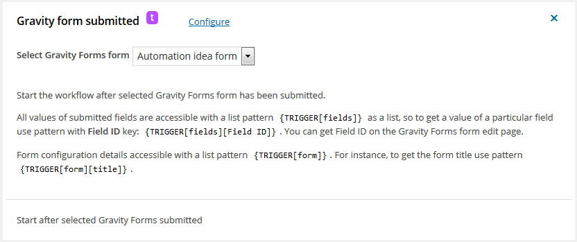Gravity Forms form submitted - workflow for WordPress trigger