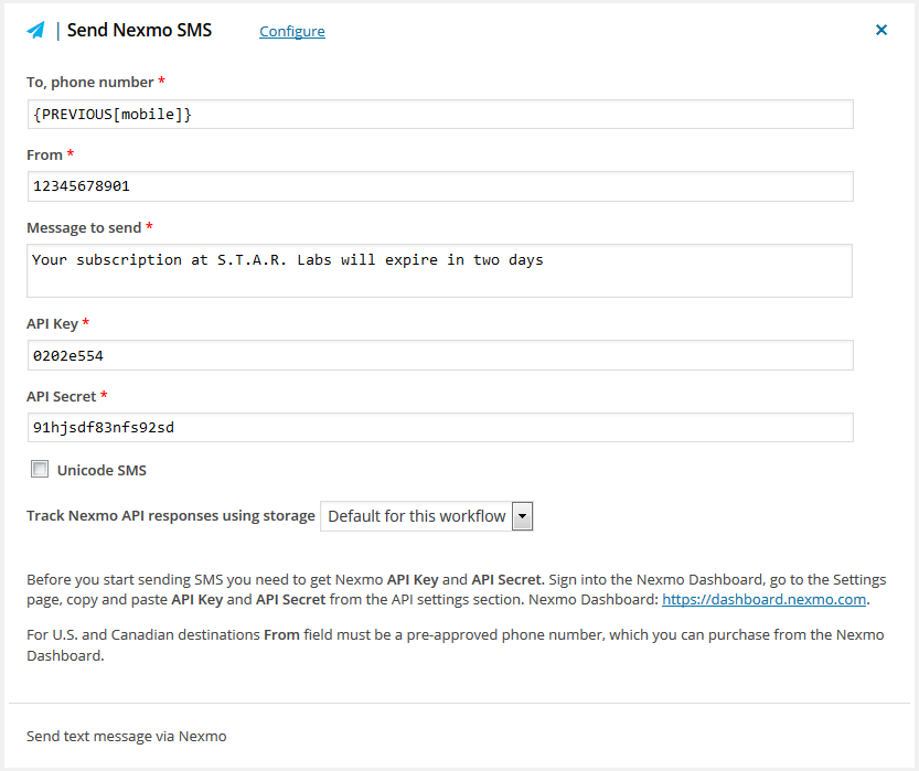 Send SMS via Nexmo – workflow for WordPress action