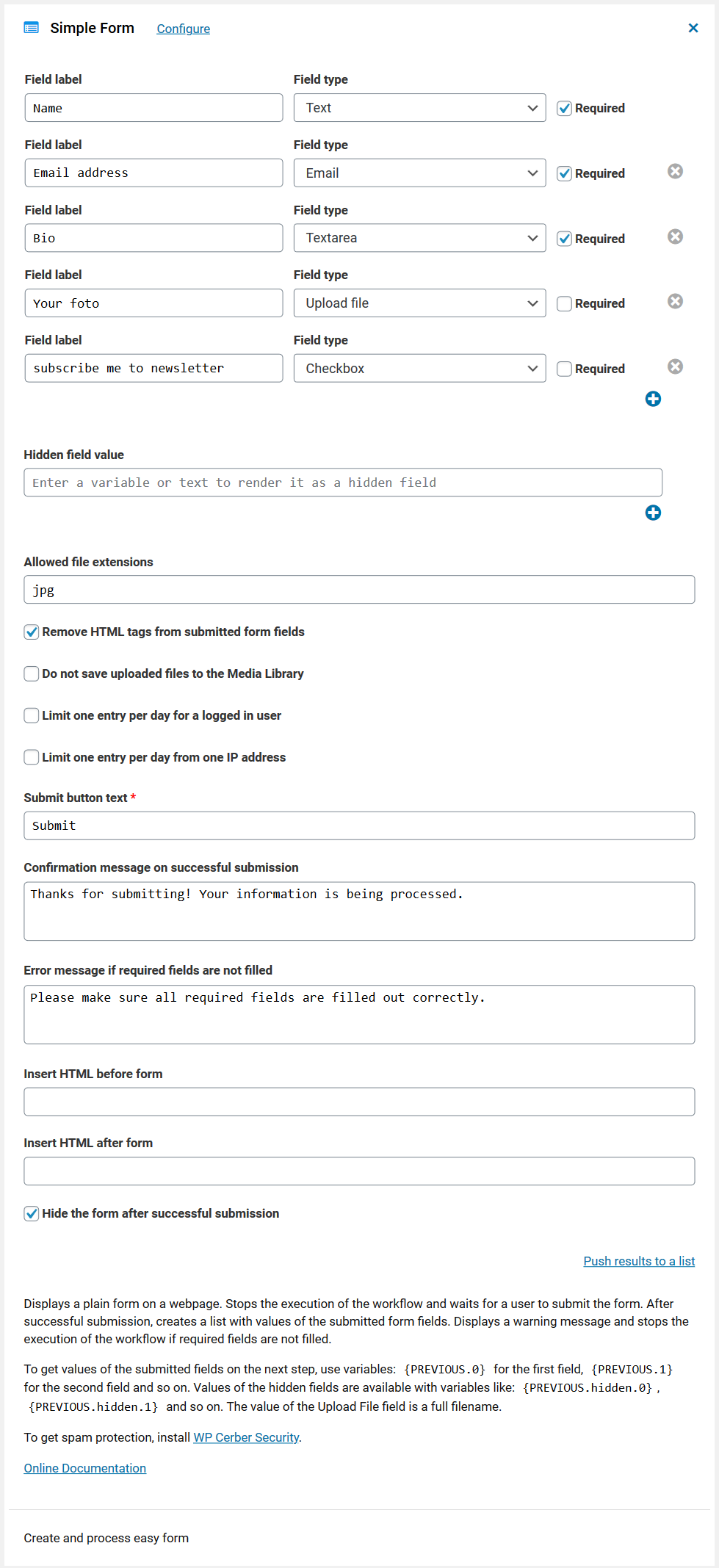 Configuring the Simple Form action in a WordPress automation workflow
