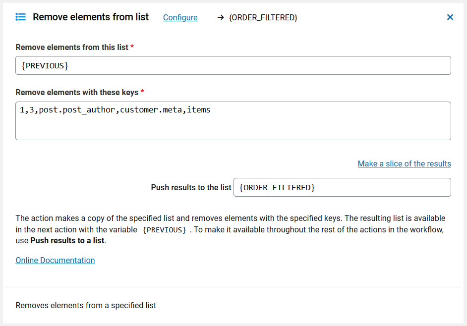 Remove elements from a list in a WordPress automation workflow
